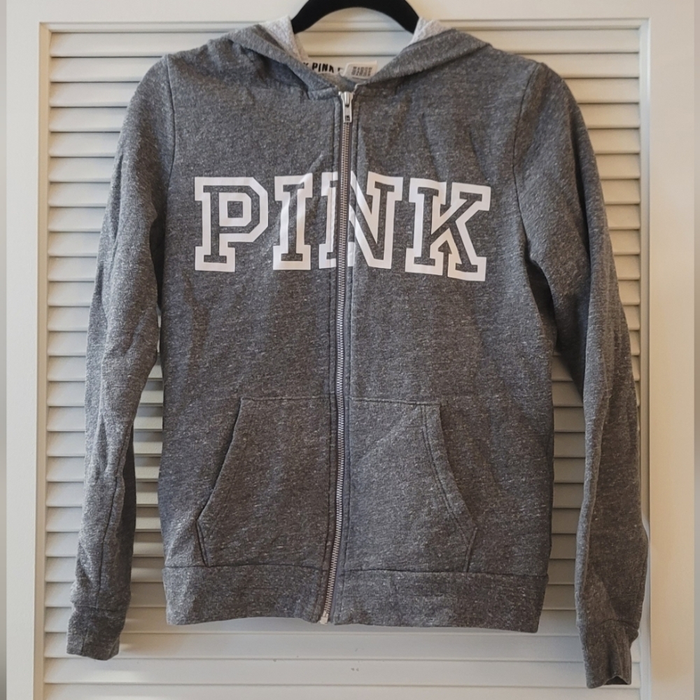 Pink Victoria's Secret- Grey & White Hoodie With Zipper & Front Pocket